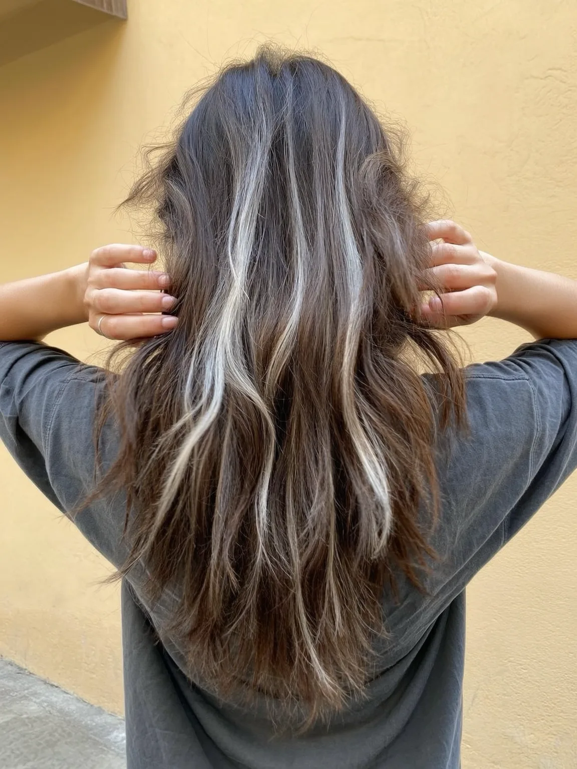 Voluminous Wavy Dark Brown with Platinum Highlights